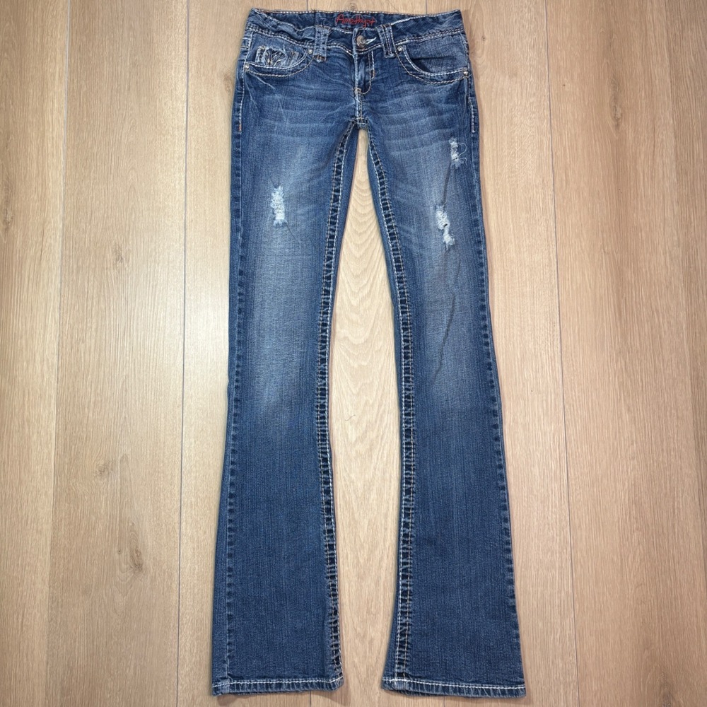 Amethyst Y2K Womens Flare Jeans 1 Tall Distressed Low Rise Bootcut Flap Pockets